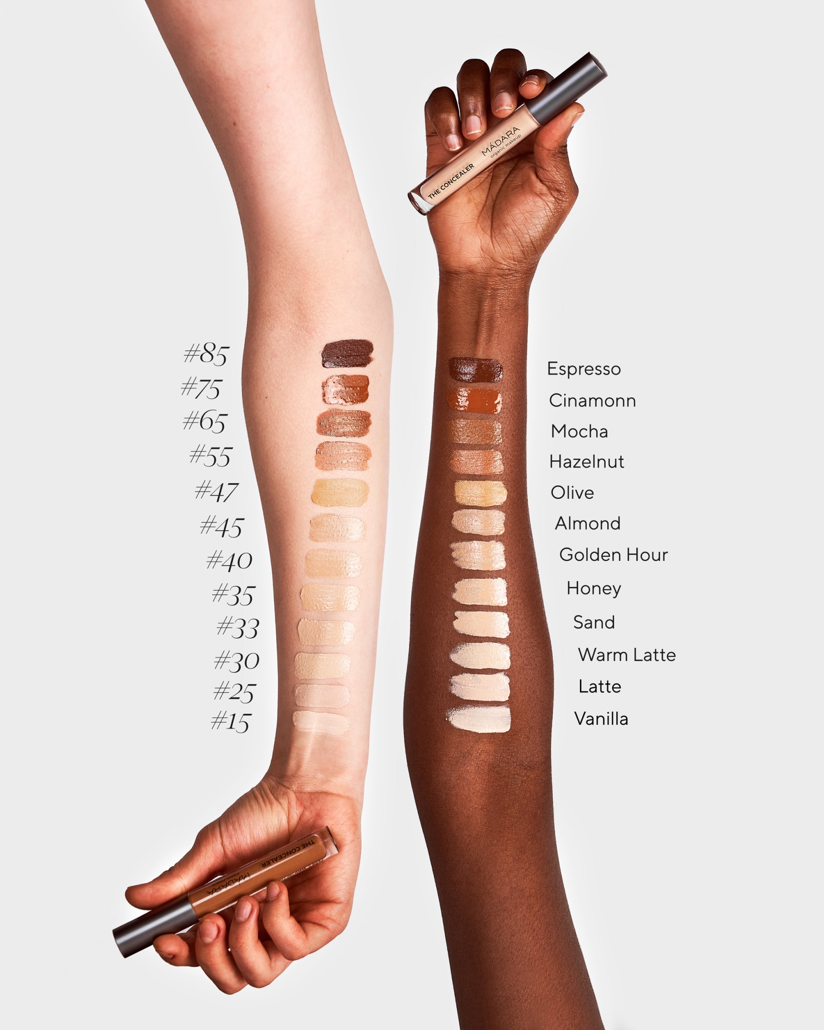 Texture close-up of MÁDARA Organic Skincare concealer swatches A6105 concealer �swatch demonstrates consistency and finish.