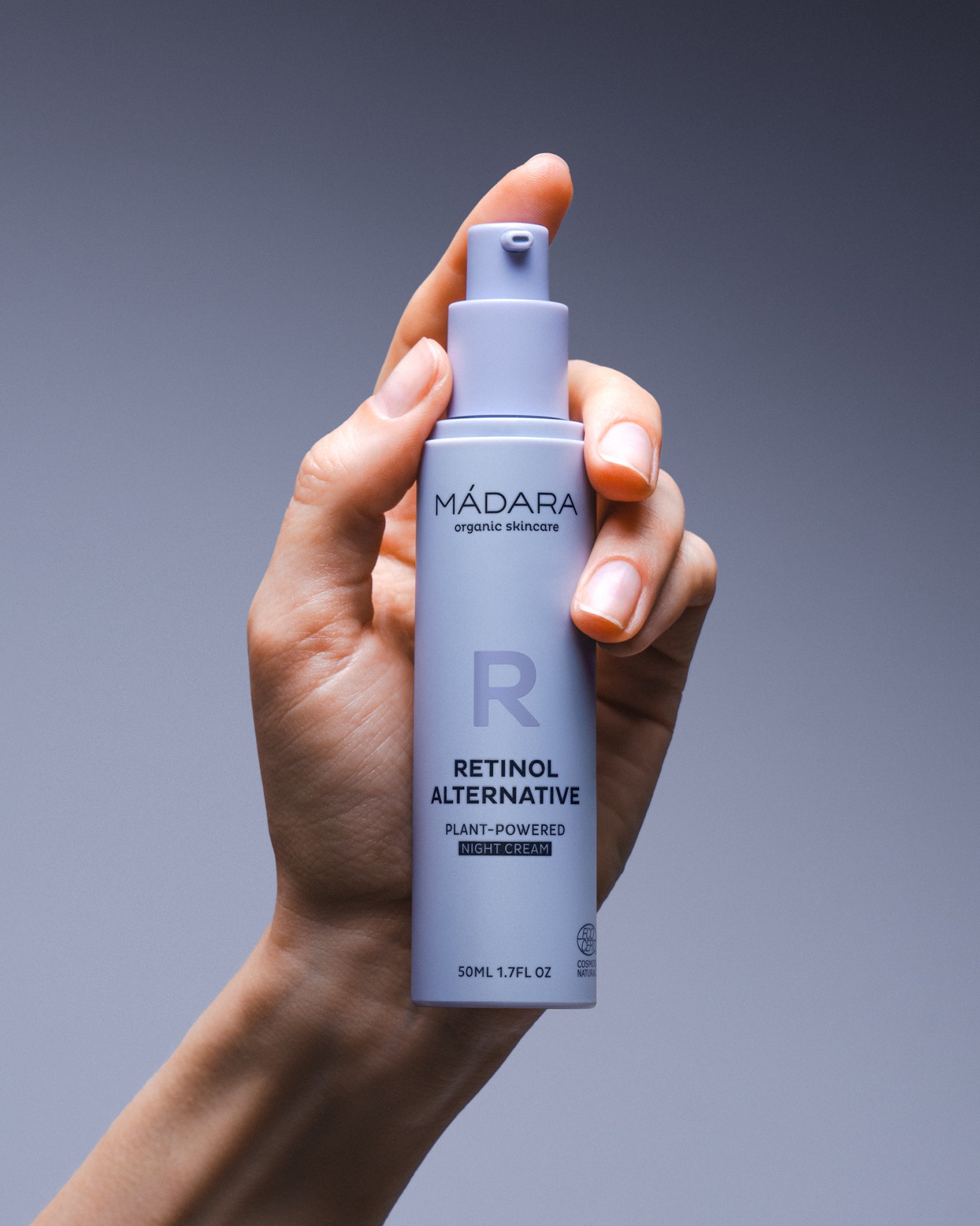 MÁDARA Organic Skincare retinol alternative night cream A3172 face cream product photo on plain background.