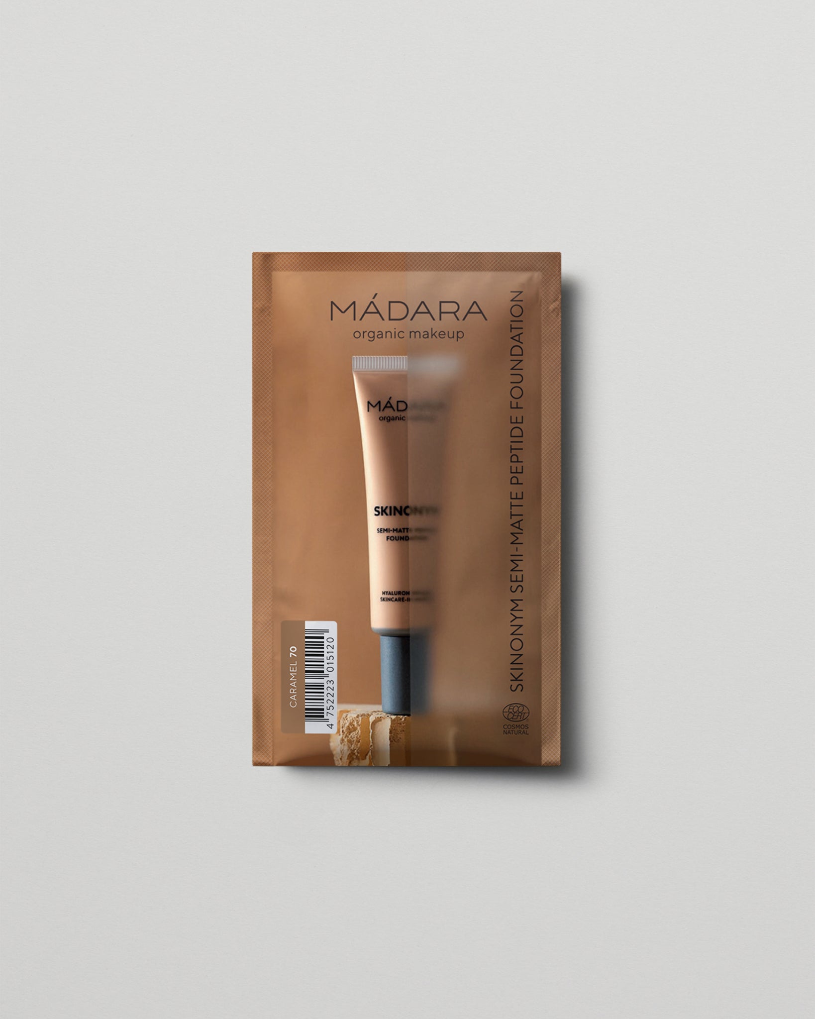 MÁDARA Organic Skincare semi matte peptide foundation caramel 2ml SC6093 2 foundation product photo on plain background.