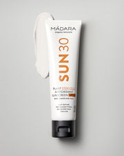 MÁDARA Organic Skincare plant stem cell antioxidant body sunscreen spf30 A3401 mineral sunscreen product photo on plain background.
