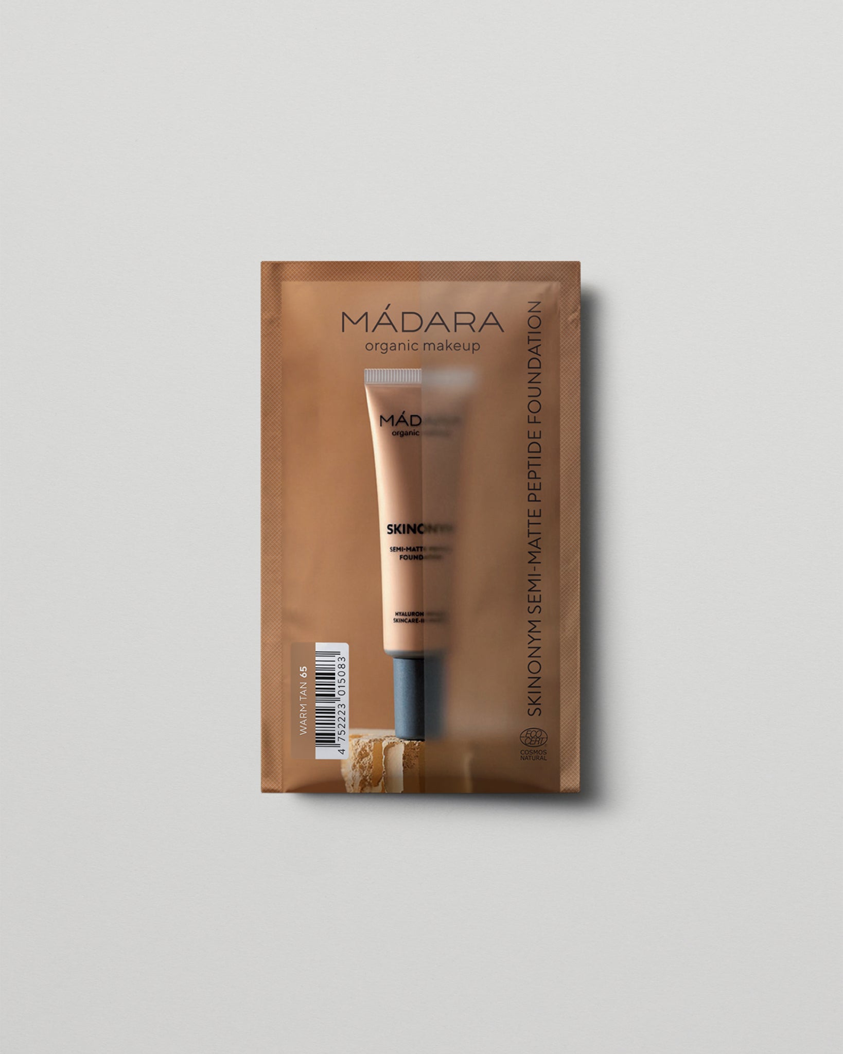 MÁDARA Organic Skincare semi matte peptide foundation warm tan 2ml SC6092 2 foundation product photo on plain background.